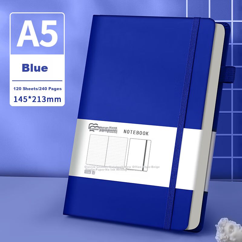 Jiaranheng Notebook, A5 Size with High-Quality Leather Cover, Thickened with Binding Straps, Suitable for College Students' Diaries, Business Office Stationery, Meeting Notes, Work Logs, Customizable, Blue Color