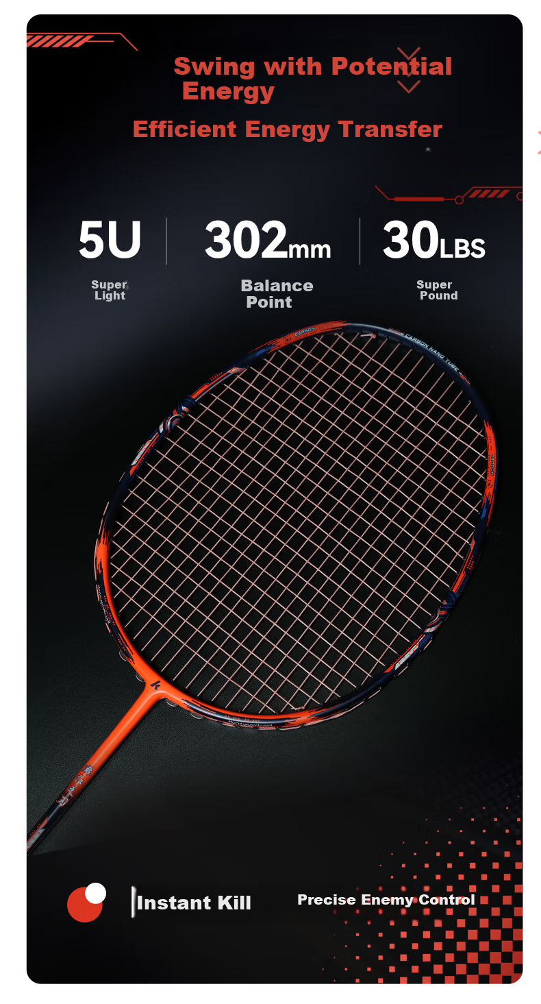 Kawasaki Badminton Racket, Full Carbon Fiber Single Racket, 5U Ultra-Light Racket, Blood Red Blade Orange-Red (Pre-Strung) 5