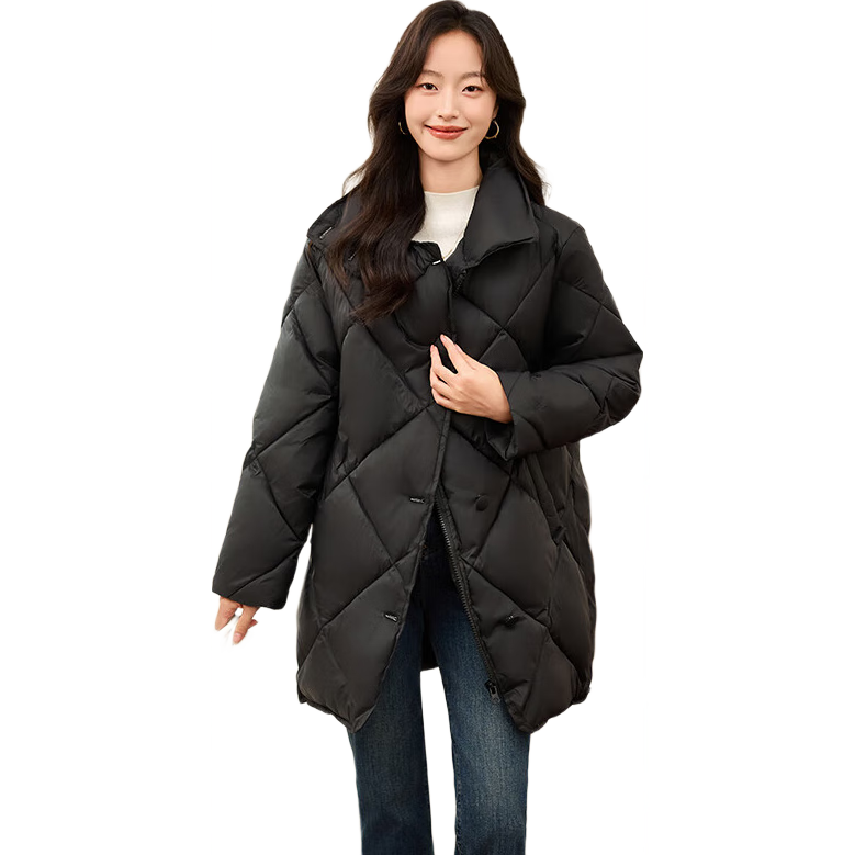 PinCai Women's Quilted Mid-Length Stand Collar Cotton Padded Jacket Winter Windproof Over-the-Knee Coat P144M1010
