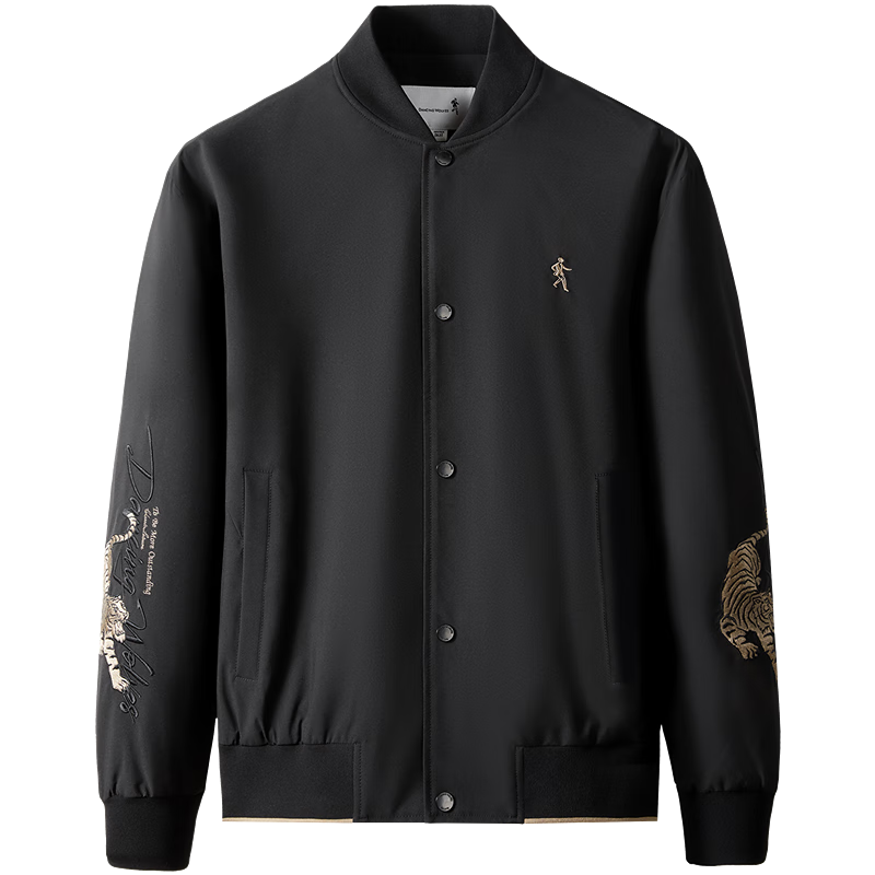DANCING WOLVES 【Tiger Embroidery】Men's Baseball Collar Jacket Easy Care Versatile Coat 001 Black XL(180)