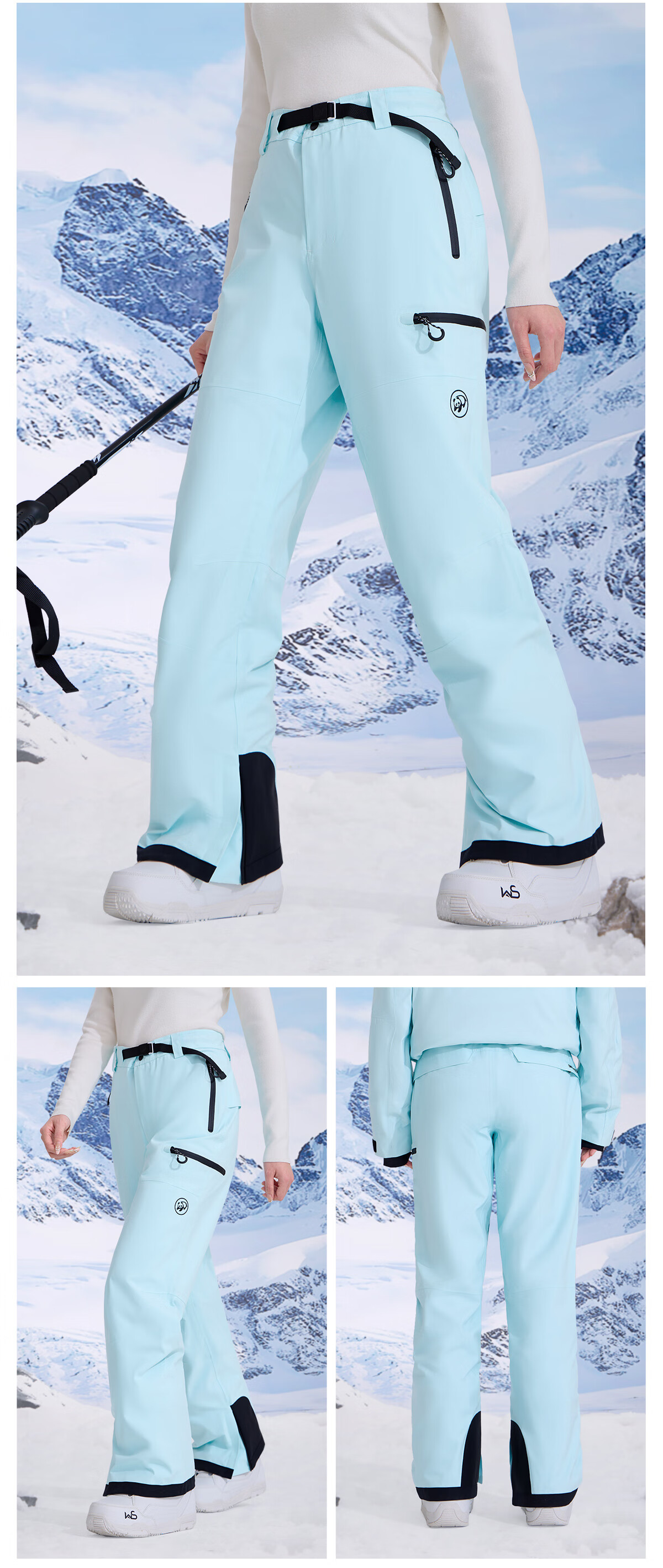 Panda Camel Series Three-Proof Single-Board Ski Pants Unisex Windproof Water-Repellent Straight-Leg Wide-Leg Outdoor Pants 8652 Black, M 24