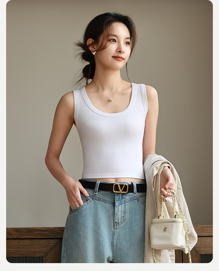 MiiOW Women's Camisole Tank Top [Racerback with Low Cut], Wide Shoulder Versatile Slim Fit Elastic Short T-Shirt, 2026 New White XL 12