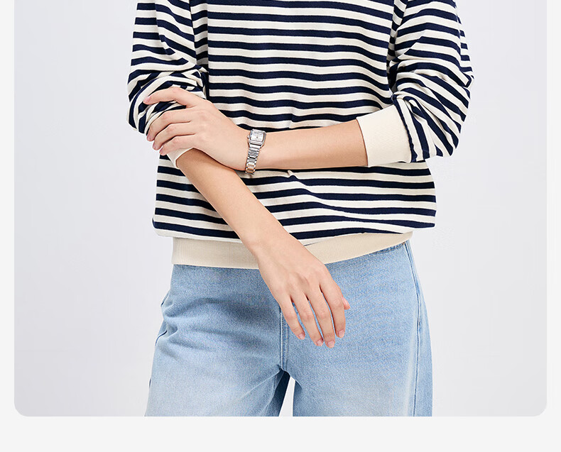 Navigare Women's All-Cotton Loose Long-Sleeve Sweatshirt, Striped Round Neck T-Shirt, 2315005501 6