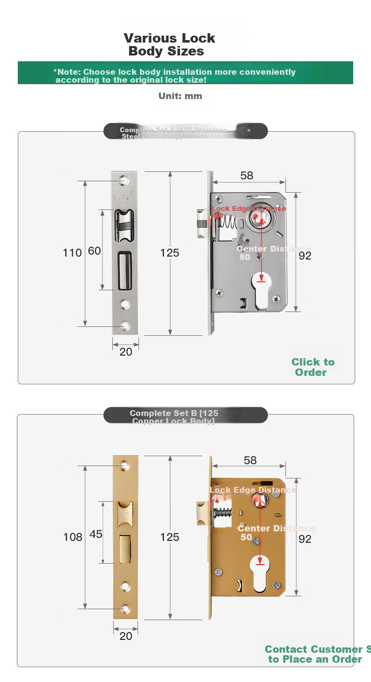 GUTE Door Lock, Interior Bedroom Wooden Door Lock, Room Door Handle, Stainless Steel Bathroom Door Lock, Brushed Color, Adjustable Door Lock 9