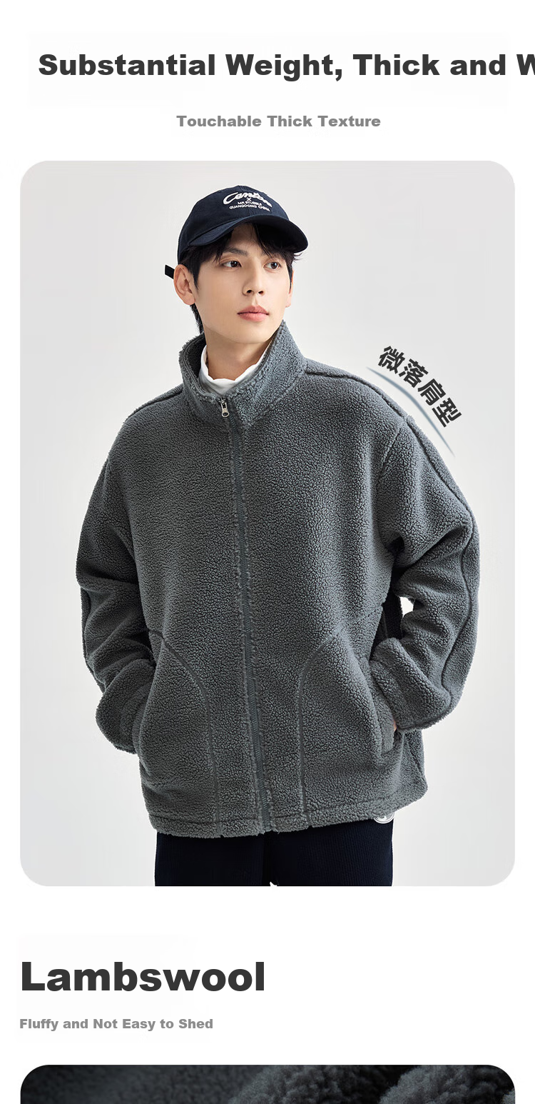 Giordano Fleece Jacket for Men, Faux Sherpa Warm Coat, Quilted Pocket, Stand Collar, Zipper Jacket for Men 01074857 6