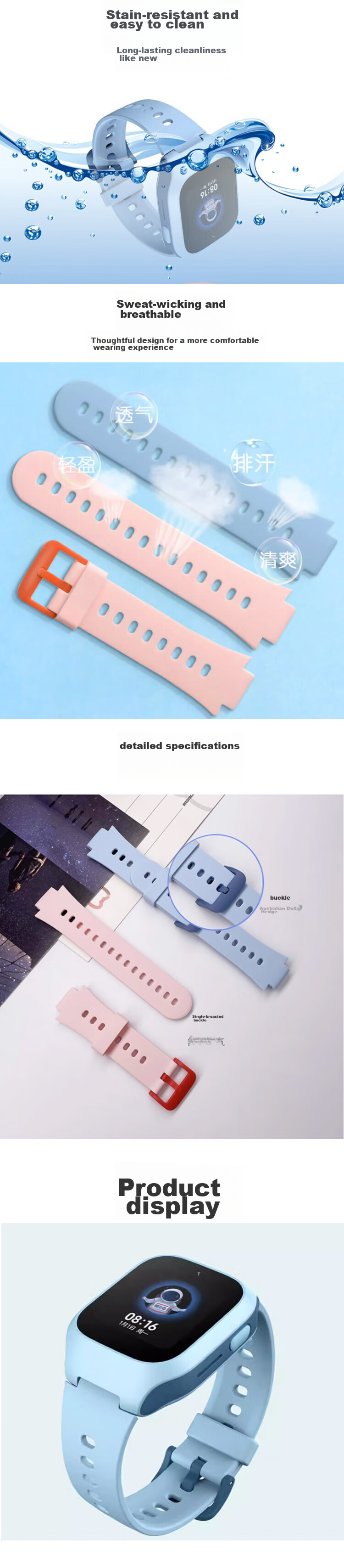 MAIKUQI Compatible with Xiaomi Mi Bunny 5C Children's Smartwatch Strap, Mi Bunny Children's Watch Strap Accessory, Waterproof Sweat-Resistant Detachable Silicone Strap for Boys And Girls, Universal Style, Blue 2