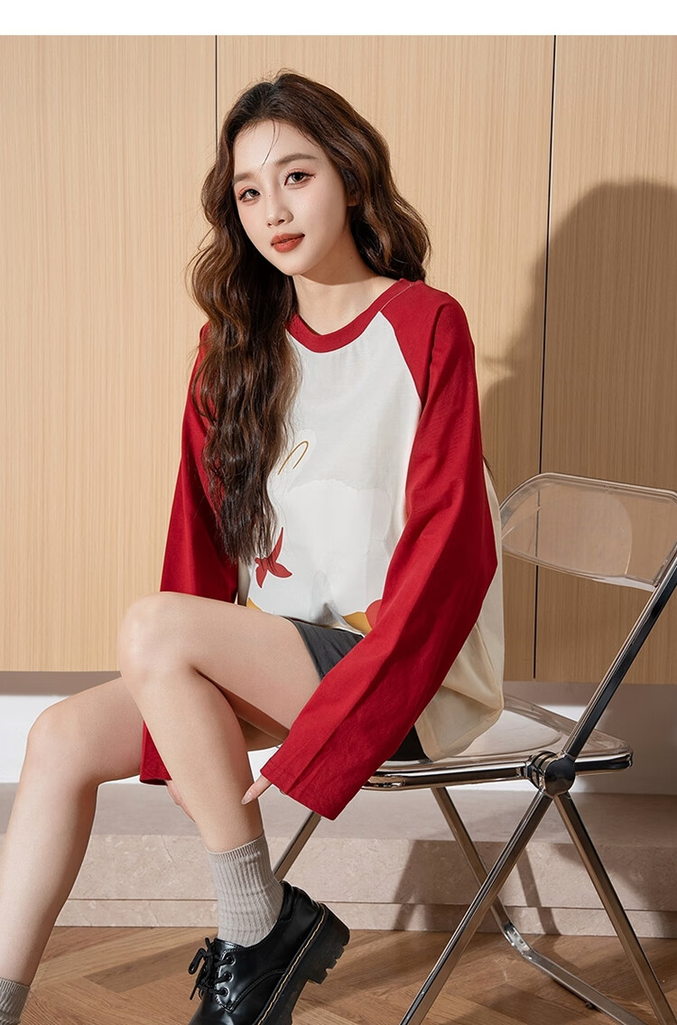 TonLion 2025 Women's Front Chest Print Raglan Long Sleeve T-Shirt, Cherry Red, Size S 4