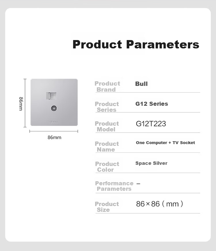 BULL Wall Socket G12 Series, Two-Outlet Computer And TV Socket, 86-Type Panel G12T223, Cream-Colored Space Silver 2