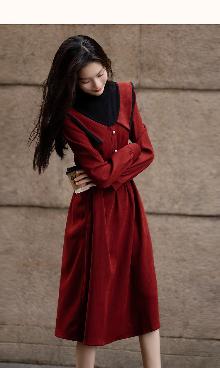 DME "Balman Rose" Spring and Autumn Design Commuter Half High Neck Petite Pearl Button Waist Slimming Women's Dress 13
