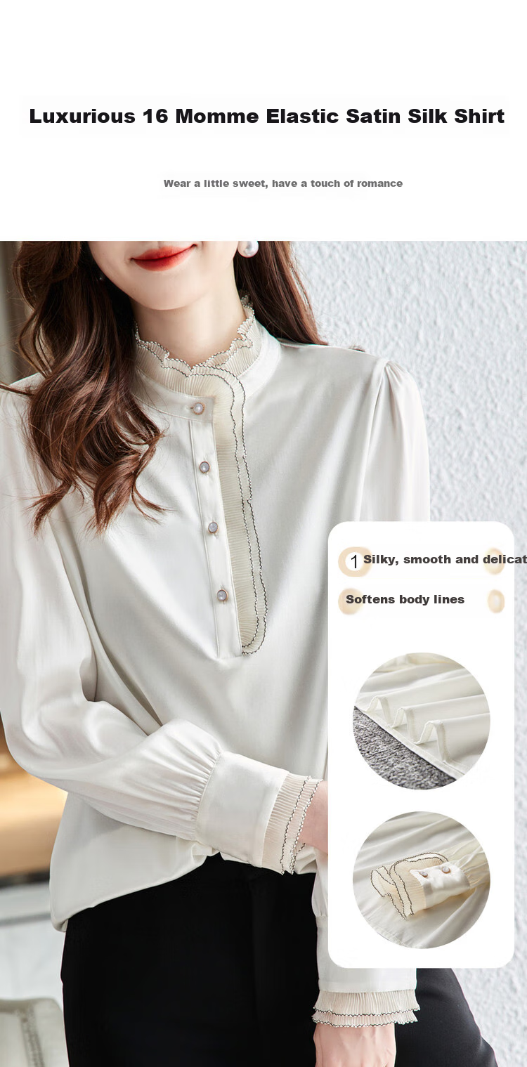 Dme [16 Mm Elastic Satin Mulberry Silk Blouse], Spring And Autumn Stand-Collar Puff Sleeve Women's Wear, Pure Silk Shirt for Wome 3
