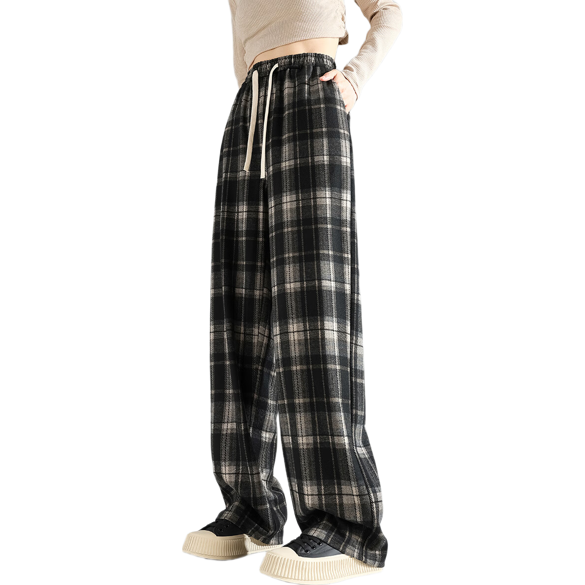 TonLion 2026 Autumn And Winter Women's Slimming Elastic-Grid Casual Pants, Loose Fit