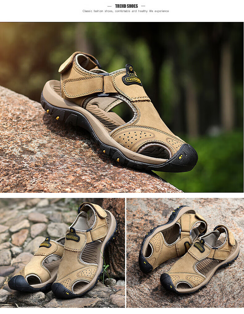 CARTELO Men's Sandals, Summer Roman-Style Closed-Toe Beach Shoes, Top-Grain Leather Perforated Shoes for Men, CS01, Khaki, Size 41 11