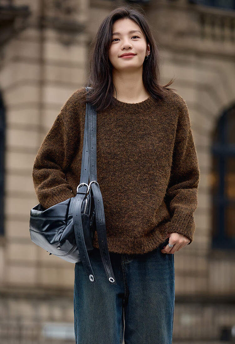 Dme Wilderness Forest Sweater Winter Style Knitted Top Retro Brightening Lazy Round Neck Sweater for Women, Dark Coffee Color, M 6