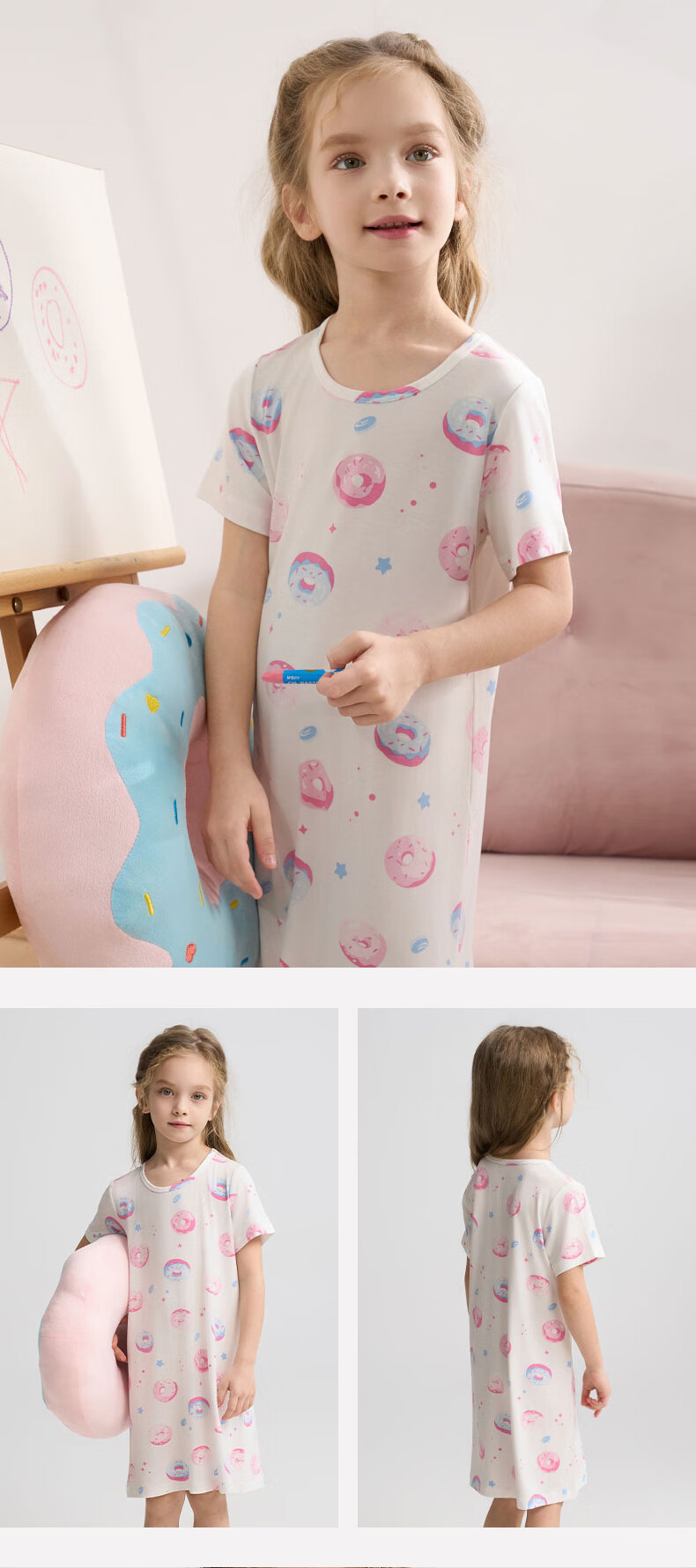 Aimer Kids Girls' Pajamas, Zero-Carbon Lanine Modal Short-Sleeve Nightgown, Summer Cool-Touch Sleepwear, Purple Striped, Size 110 15