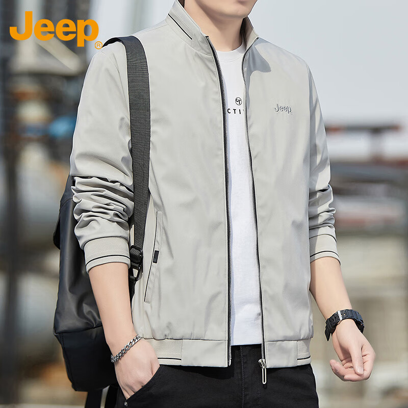 JEEP Men's Jacket, Spring And Autumn Casual Stand-Collar Jacket, Trendy Loose Clothing for Men, Khaki, M
