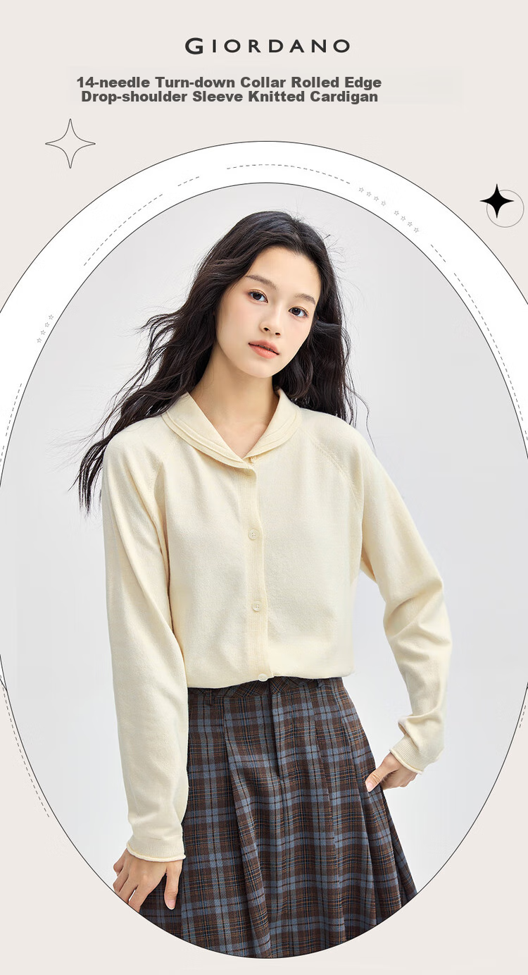 Giordano Ultra-Fine Knit Sweater for Women, Soft Knitted Jacket with Lapel Collar, Roll-Edge And Raglan Sleeves, Cardigan 13354669 3