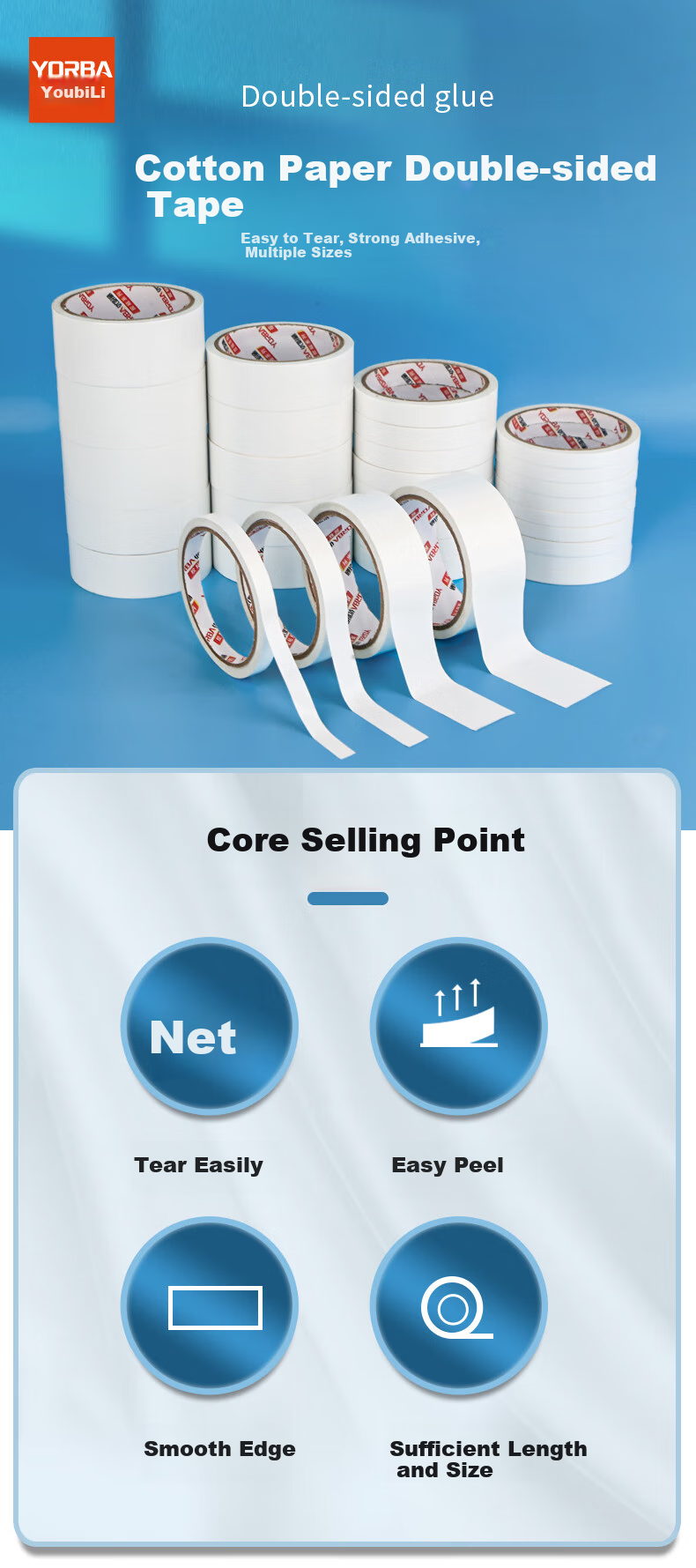 Youbili Strong Double-Sided Tape, High-Adhesive Cotton Paper Double-Sided Tape, 15mm*10y, 16 Rolls, 2251 1
