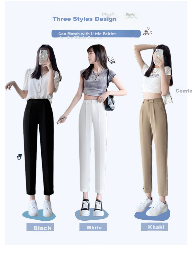 Langsha Casual Harem Pants for Women, Spring And Autumn High-Waist Straight Loose-Fit Slimming Commuter Suit Pants Chiffon Pants Cropped Pants 10
