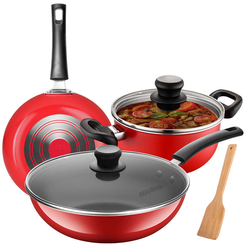ASD Cookware Set - 3-Piece Non-Stick Wok, Frying Pan, and Soup Pot with Spatula for Open Flame Cooking