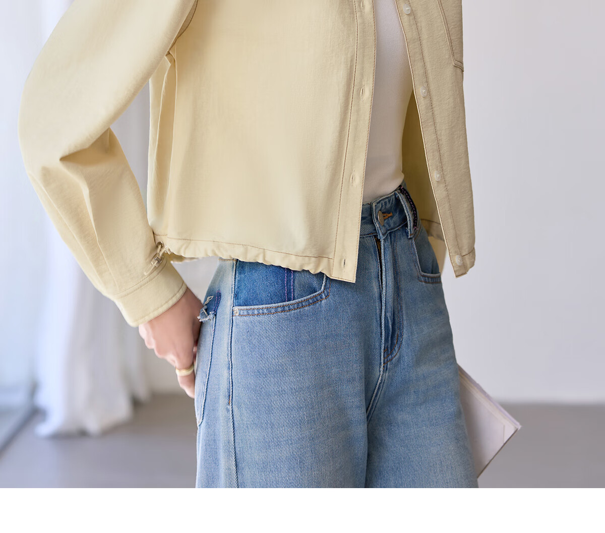 Chushen Women's Short Autumn Shirt Jacket with Drawstring Hem, Contrasting Color Stitching Design for Petite Figures S51D039 17