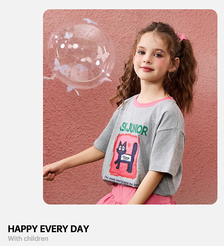 ASK JUNIOR Children's Short-Sleeve T-Shirt, Summer Wear, Pure Cotton Breathable, Girls' Casual Versatile Regular Shoulder Half Sleeve, Gray, Size 160 7