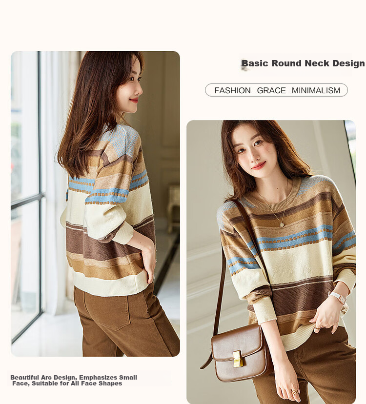Dme [Light Mature Commuter] Autumn And Winter Round Neck Fleece Striped Contrasting Color Sweater, Long-Sleeve Knit Top for Wome 5