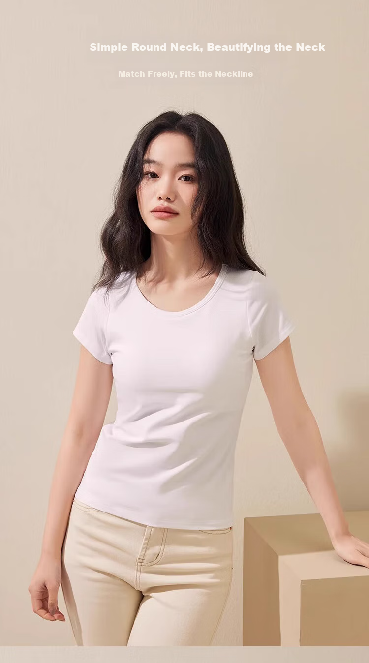 LangSha Women's T-Shirt, Spring And Summer Thin Style, Slimming Round Neck, Solid Color Cotton Base Layer, Versatile Breathable Women's Casual Short Sleeve 8