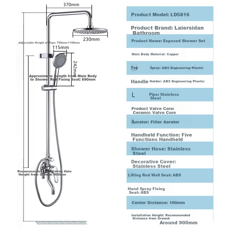 Larsd Surface-Mounted Shower Head Set, Silver Exposed Pipe Shower Head Complete Set with Copper Body Shower Faucet Mixing Valve LD5816