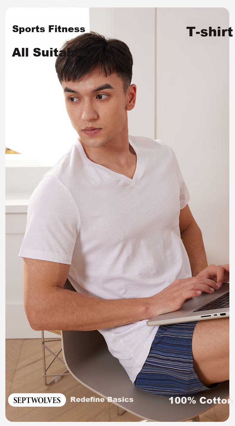 SEPTWOLVES [Classic V-Neck] Men's Short-Sleeve Pure Cotton T-Shirt, Running Sports Base Layer, Sweat-Absorbing Breathable All-Cotton Plain White T-Shirt for Home Wear 2