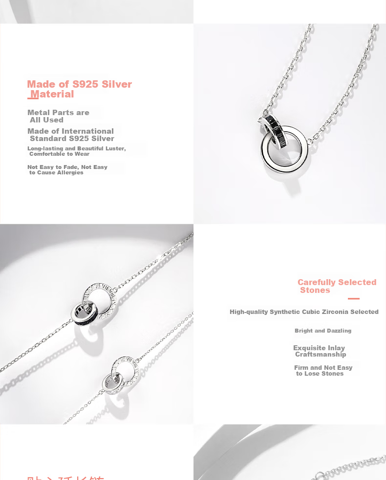 FanciFanci Time Lover Silver Necklace for Women Double Ring Pendant Clavicle Chain Luxury Birthday Gift for Girls 9