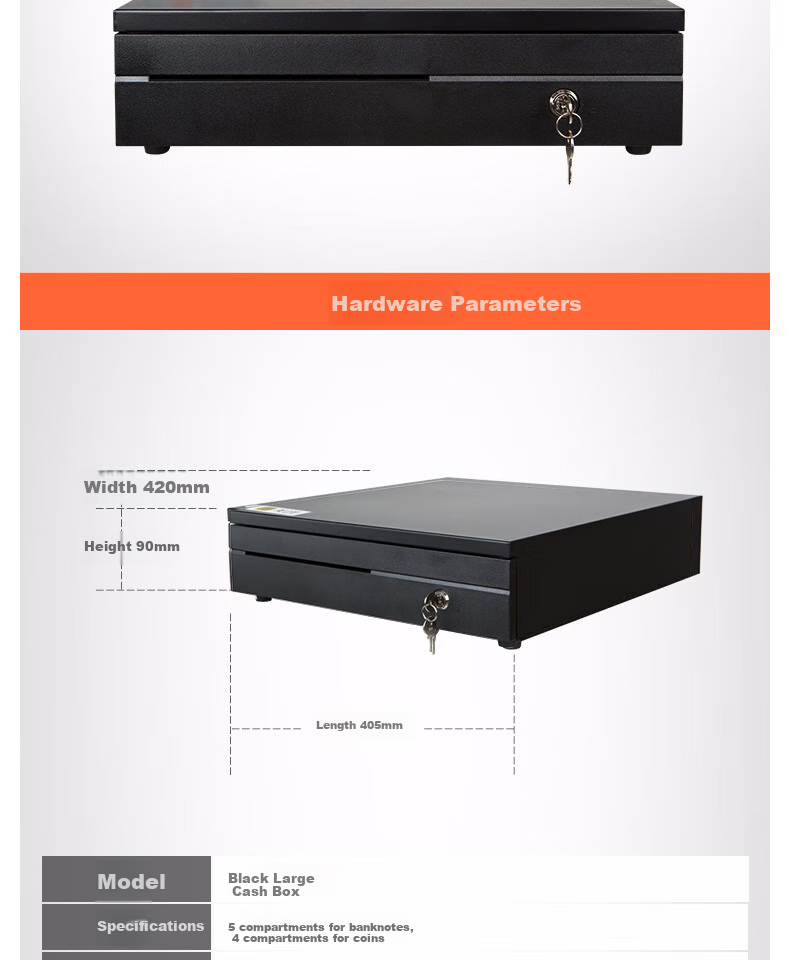 Meituan Black Large Cash Box, 5 Compartments for Bills + 4 Compartments for Coins, 3-Level Lock, RJ11 Crystal Connector, Cash Register, Money Box 2
