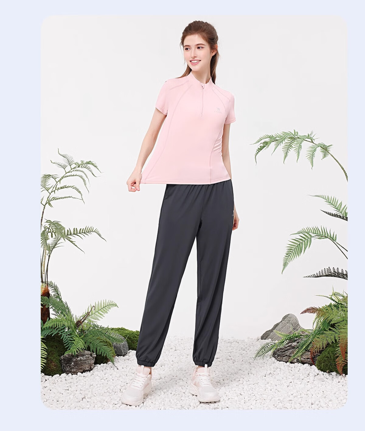 CAMEL Yoga Set Quick-Dry Breathable Sports Women's Short-Sleeve Two-Piece Set L Ice Blue/gray Lavender, Stand-Up Collar Style 27