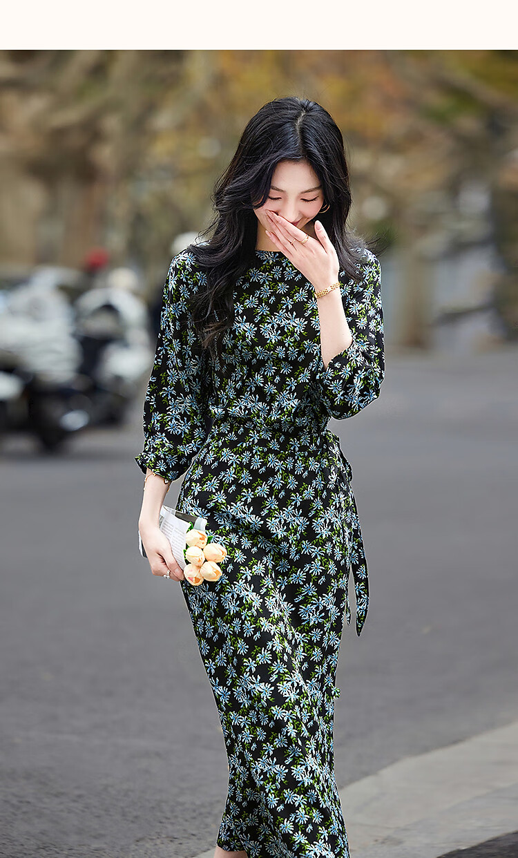 Demana Composite Silk Huayao Print Spring French Style Boat Neck Waist Cinched Floral Raglan Wrap Patchwork Women's Dress 7