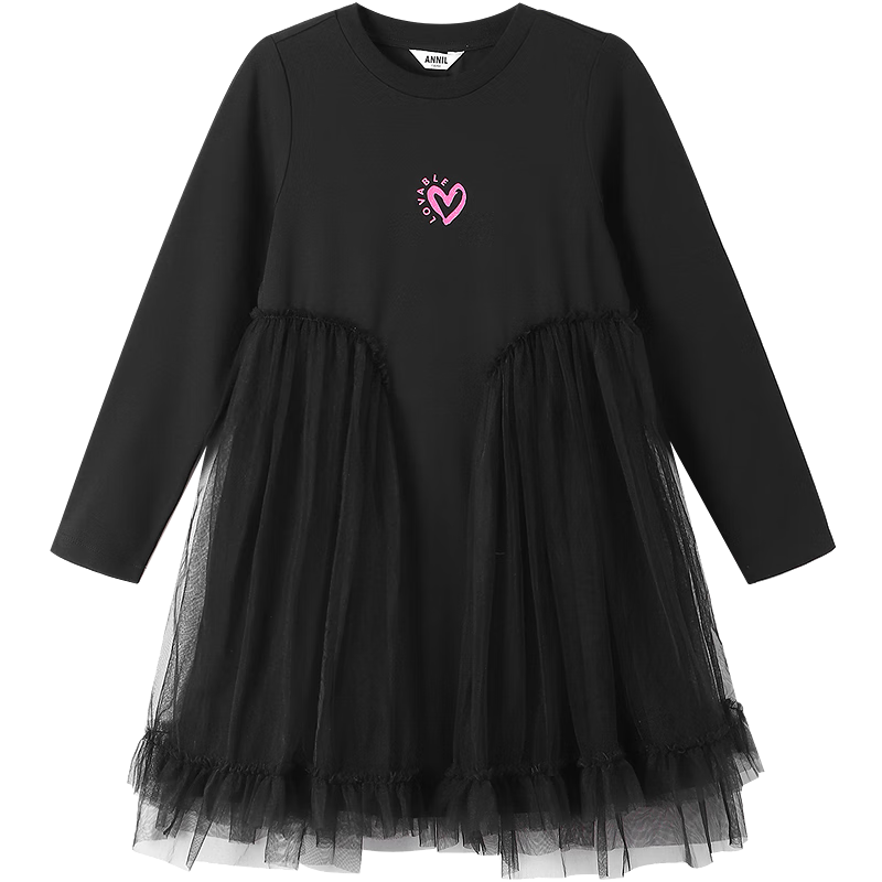 Annil Girls' Long-Sleeve Dress, Spring 2025 New Style, Black, Size 170