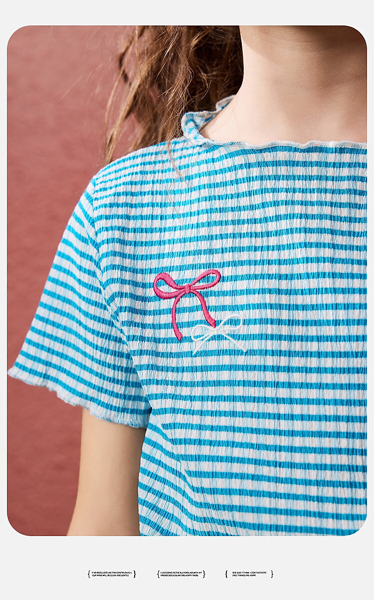 ASK JUNIOR Striped Contrast Color Children's Short-Sleeve T-Shirt, Summer Lightweight Breathable Girls' Butterfly Bow Half-Sleeve Tee, Blue, Size 120 7