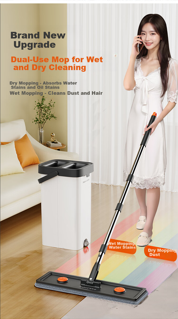 Jiabangshou Flat Mop, 40cm, 2 Cloth Pads, Household All-In Mop, No Hand Washing Required, 2026 Model with Bucket, Complete Set of Mop And Cleaning Cloth, Floor Cleaning Wonder 5