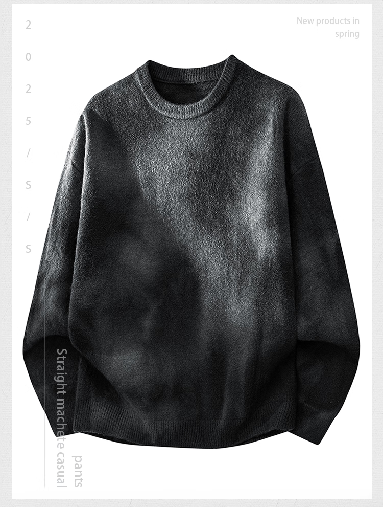 Dingfengbaoluo Tie-Dye Men's Sweater Autumn Winter Trendy Casual Warm Round Neck Cashmere Base Knitwear CMD16 Light Gray 3XL 1