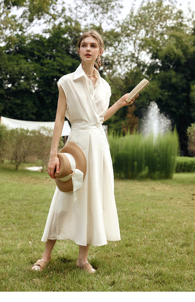 Olrain Eurielle Vintage Shirt-Style Raglan Sleeve Waist-Cinched Dress with Flared Skirt Women Beige L 16