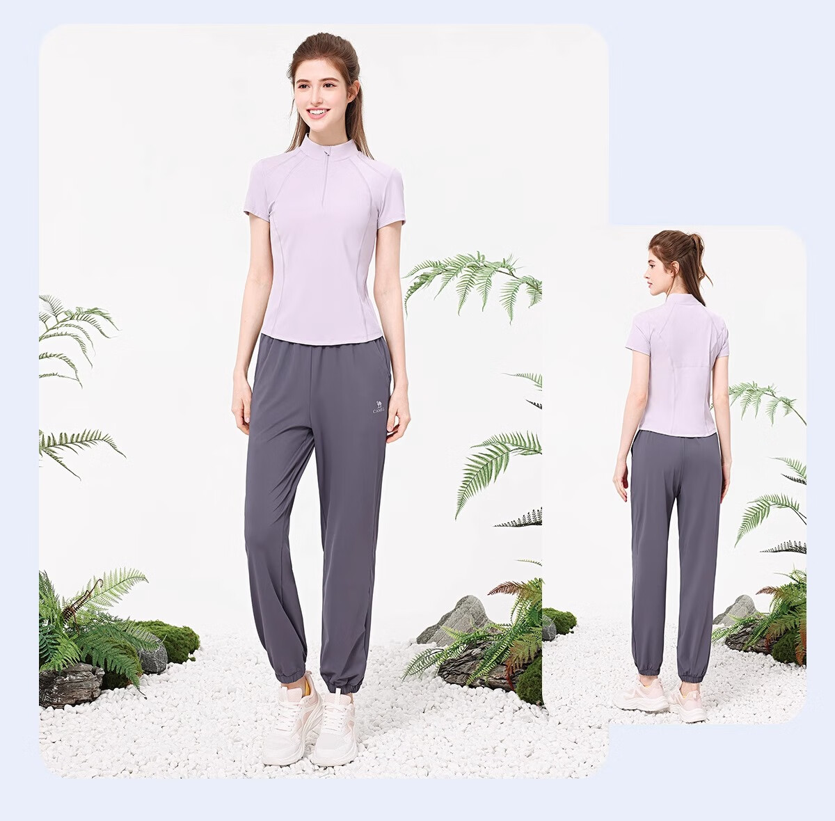 CAMEL Yoga Set Quick-Dry Breathable Sports Women's Short-Sleeve Two-Piece Set L Ice Blue/gray Lavender, Stand-Up Collar Style 29
