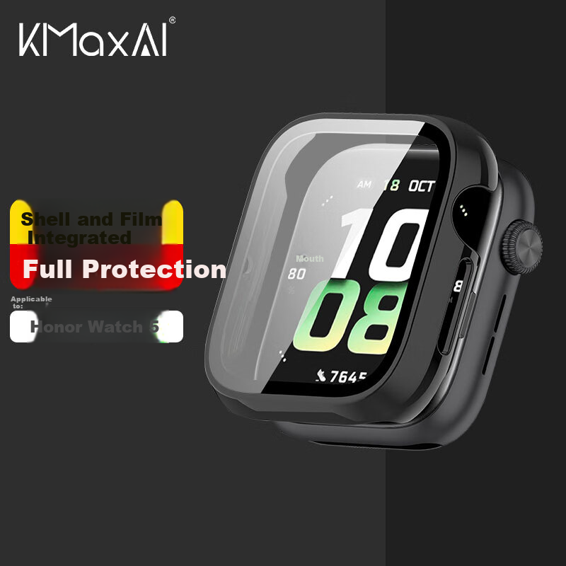 KMaxAI Compatible with Honor Watch 5 Protective Case + Screen Protector, All-In Watch5 Dial Protective Cover & Screen Tempered Glass Film, Anti-Scratch Hard Shell, Anti-Fingerprint Bracelet Case, Black