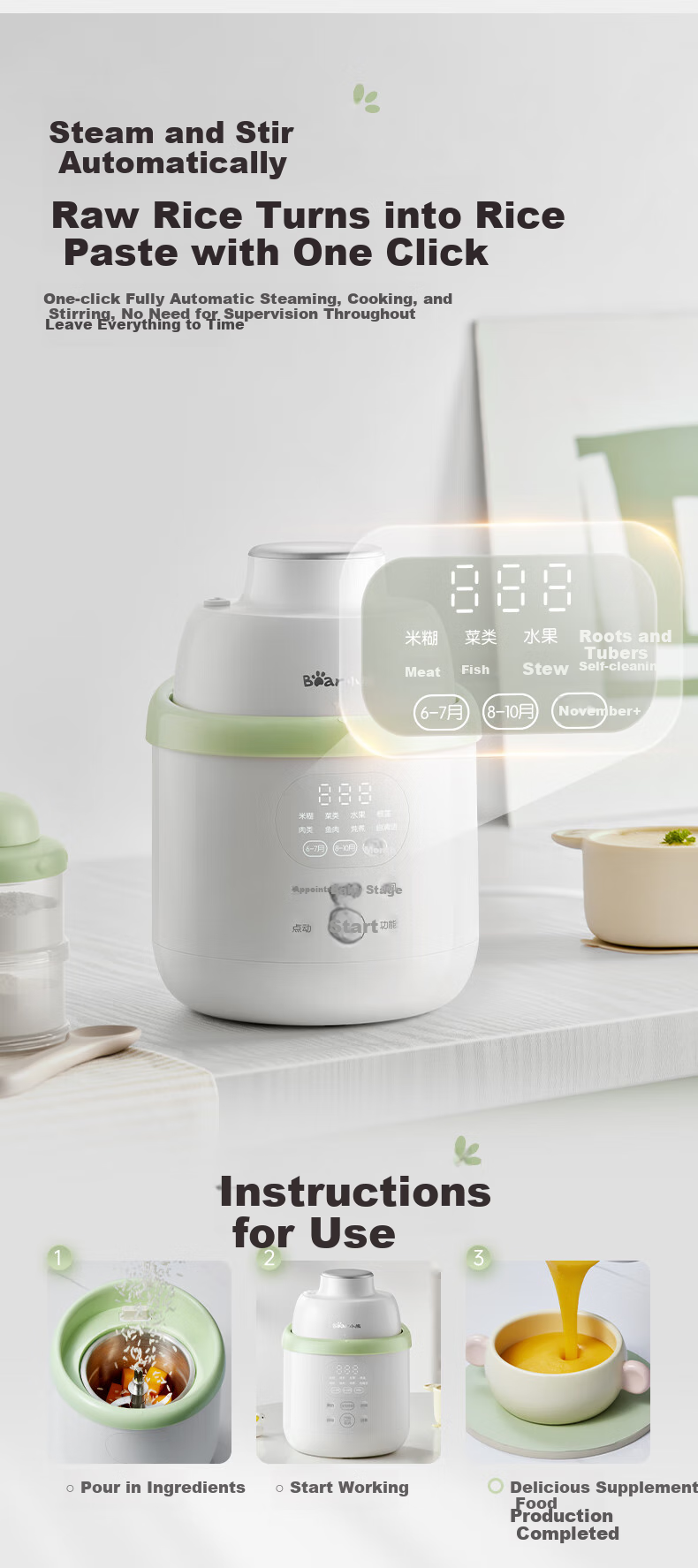 Bear Baby Food Processor Waterless Blending Steaming Cooking Multi-Function Age-Appropriate Puree Maker with Dual Cups 10