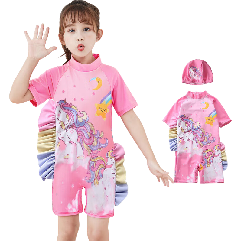 9i9 Kids Girls One-Piece Hooded Unicorn Sunscreen Quick-Dry Swimwear B101 Pink XL