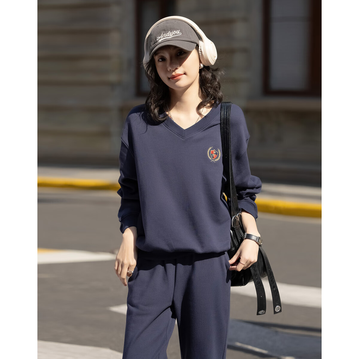 Dme Pure Cotton Paradise Spring American Vintage V-Neck Top and Comfortable Elastic Waist Straight Pants Women's Two-Piece Set