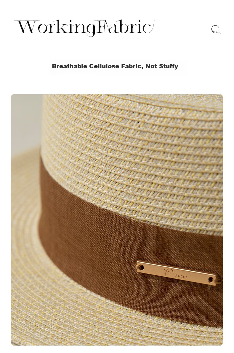 FANCET Flat-Top Straw Hat for Women, Summer Lightweight Luxury Elegant Sun Hat, Beach Vacation Sandal Straw Hat, Japanese-Style Woven Straw Hat 7