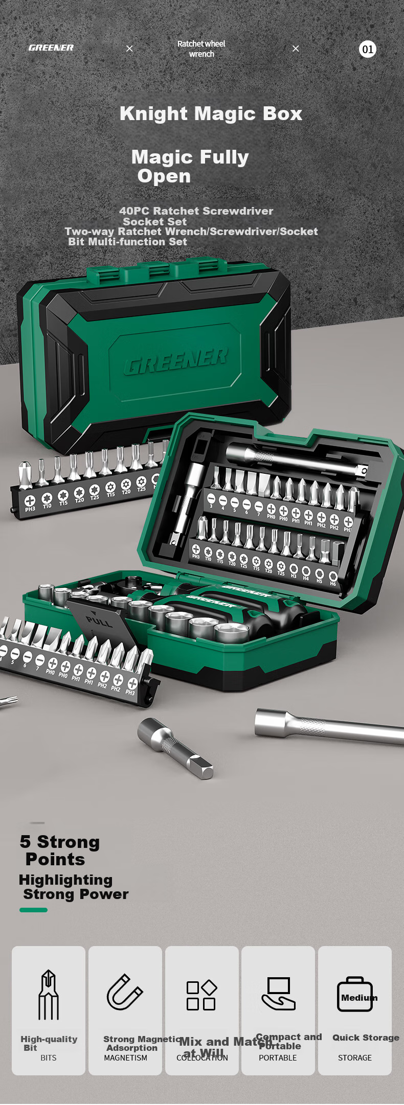 GREENER [Kishi Mohe] 51-Piece Ratchet Wrench Socket Screwdriver Set for Precision Repair of Motorcycles And Mountain Bikes Tool Box 1