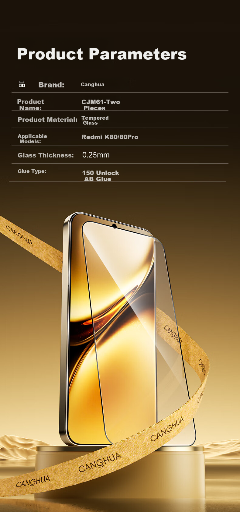 CangHua [2-Pack] Tempered Glass Screen Protector for Redmi K80/K80 Pro, Full Coverage Ultra-Thin Anti-Fingerprint Dust-Free Chamber Ultrasonic Quick Unlock for Redmi K80 Champion Edition Smartphone 4