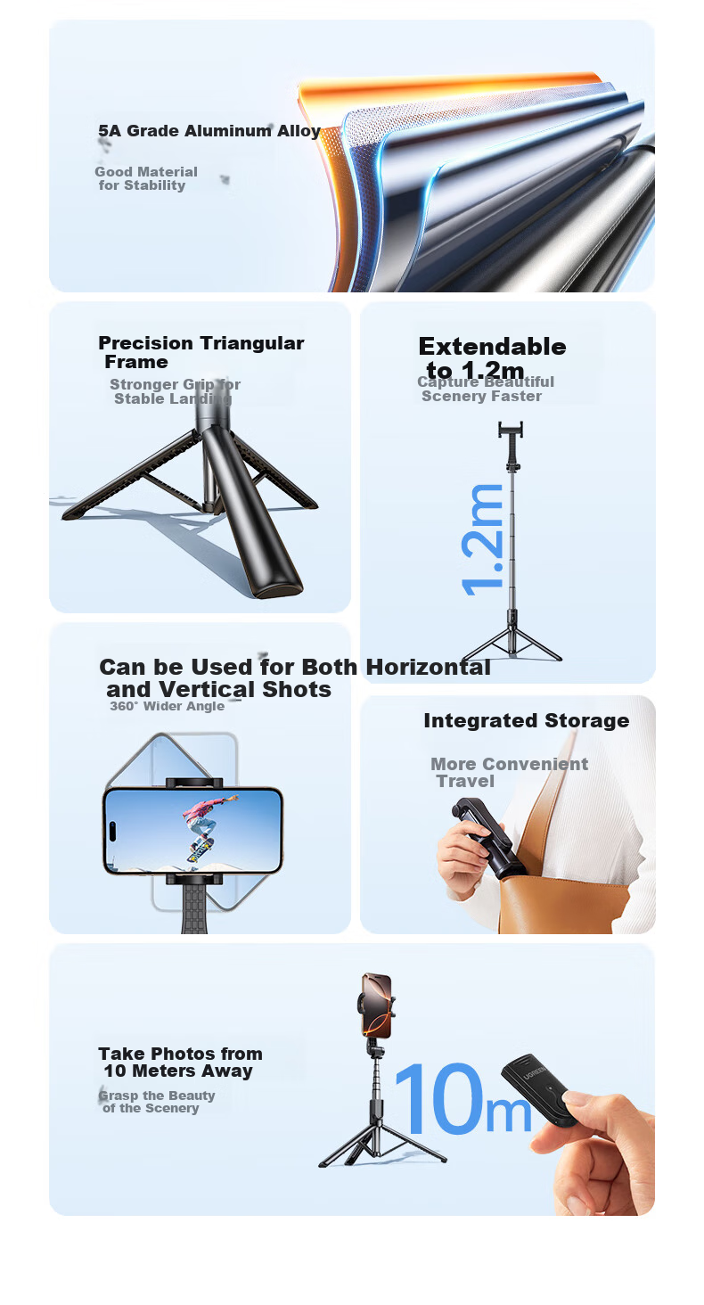 UGREEN Selfie Stick Tripod, Handheld Selfie Gadget, 360-Degree Photography, Portable Handheld Multi-Functional Anti-Shake Floor Stand for Live Streaming, Aluminum Alloy, Suitable for Apple IPhone 18 And Xiaomi 4