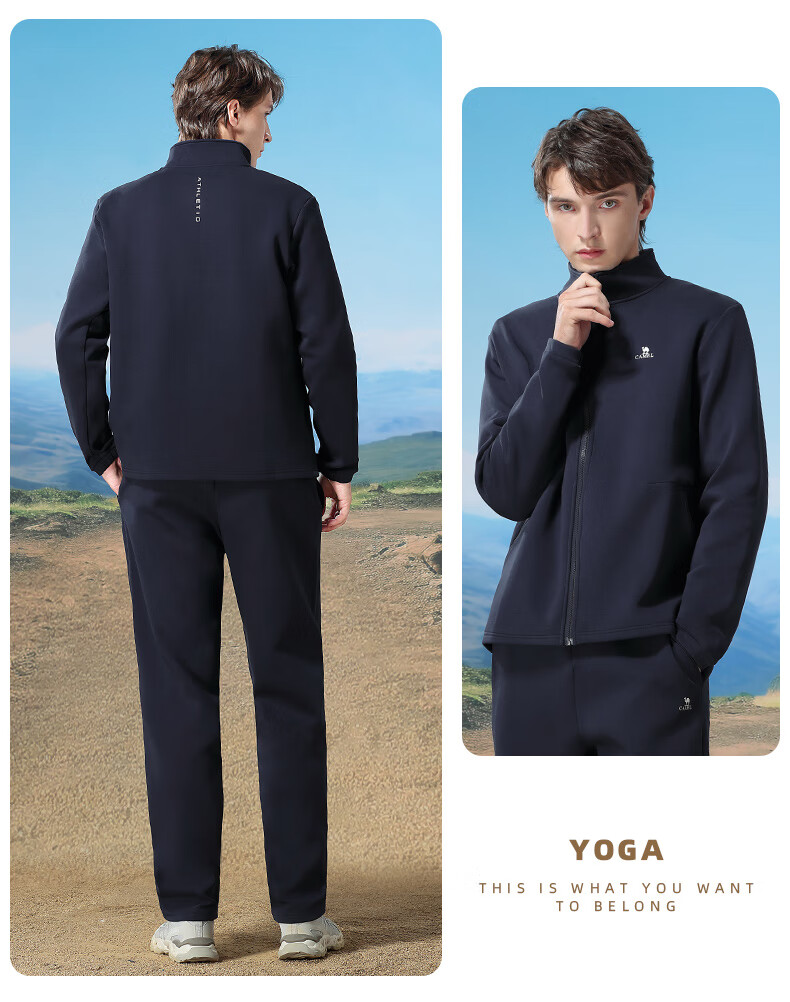 CAMEL Men's Casual Running Jacket with Stand Collar Long Sleeve Two-Piece Sports Set Y14CY0L2614 Phantom Black L 14