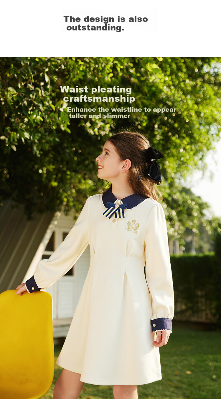 YEEHOO Girls' Dress, Children's Princess Dress, Big Kids' Dress, Preppy Style Long-Sleeve Dress, Autumn, Off-White, Size 165 2