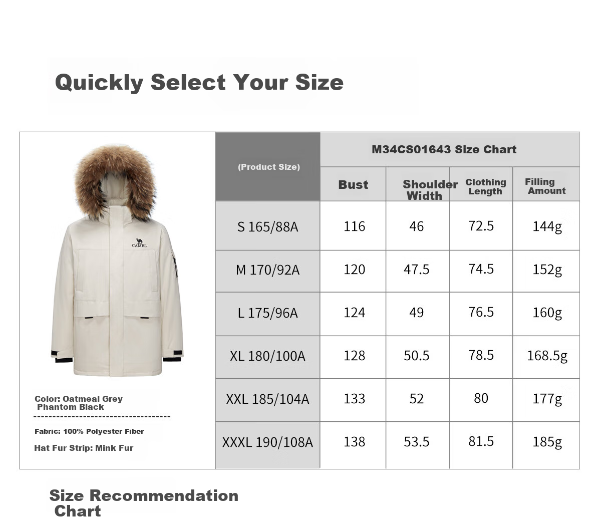 CAMEL Men's Clothing, Large Fur Collar down Jacket, Winter Thickened Workwear Outdoor Warm Windproof Coat, M34CS01643 25